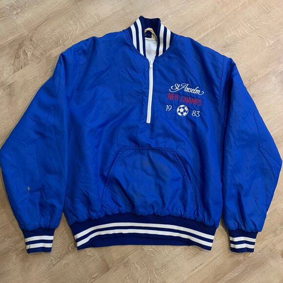 Vintage 80s 1/4 Zip Blue Bomber Warm Up Satin Jacket Saint Anselm College Soccer - Picture 1 of 10